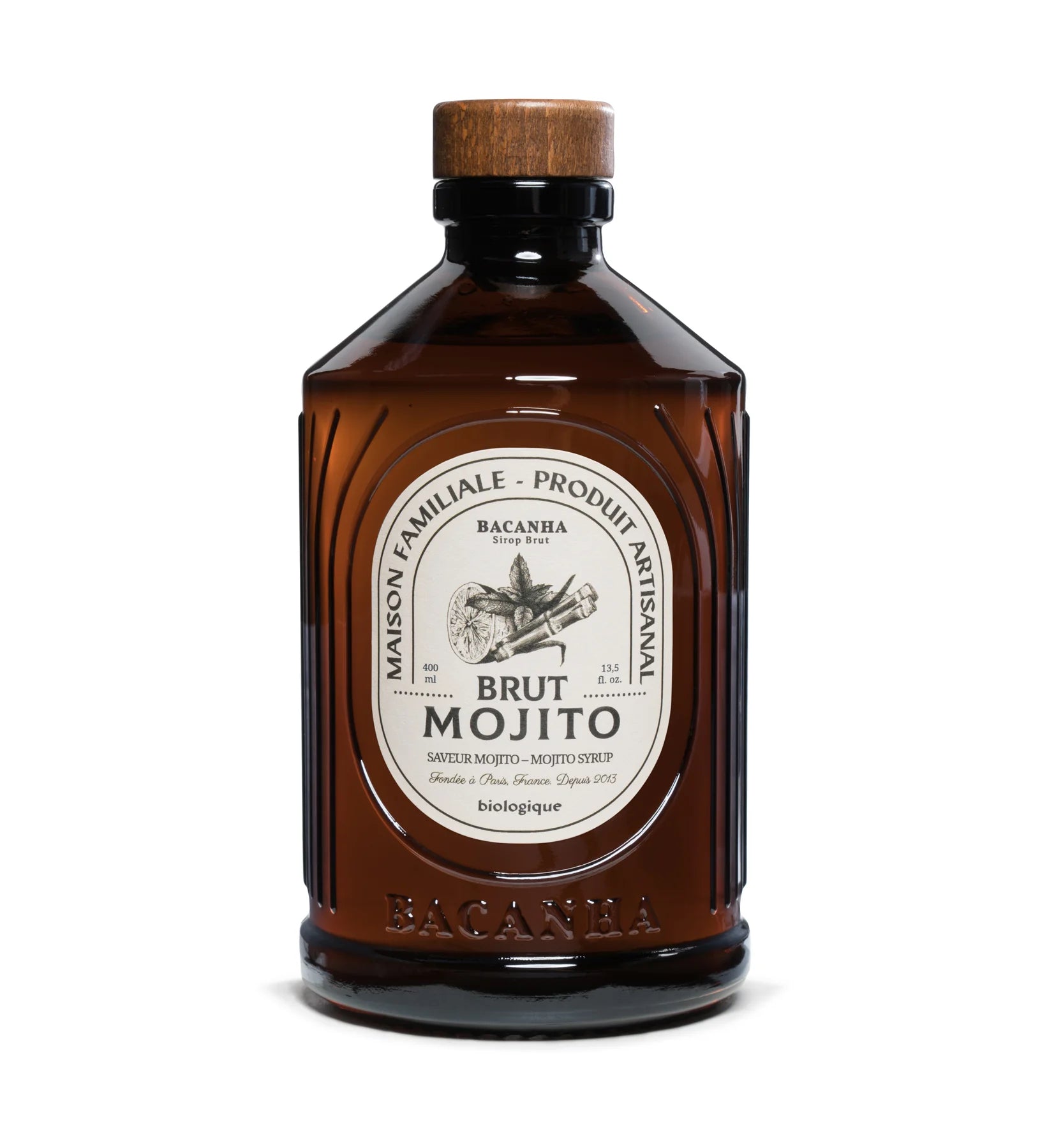 Bio-Sirup „Mojito“ von Bacanha, 400ml Glasflasche. Minze- und Limettengeschmack, ideal für Cocktails, Limonaden und Eistees. Nachhaltig und vielseitig einsetzbar.