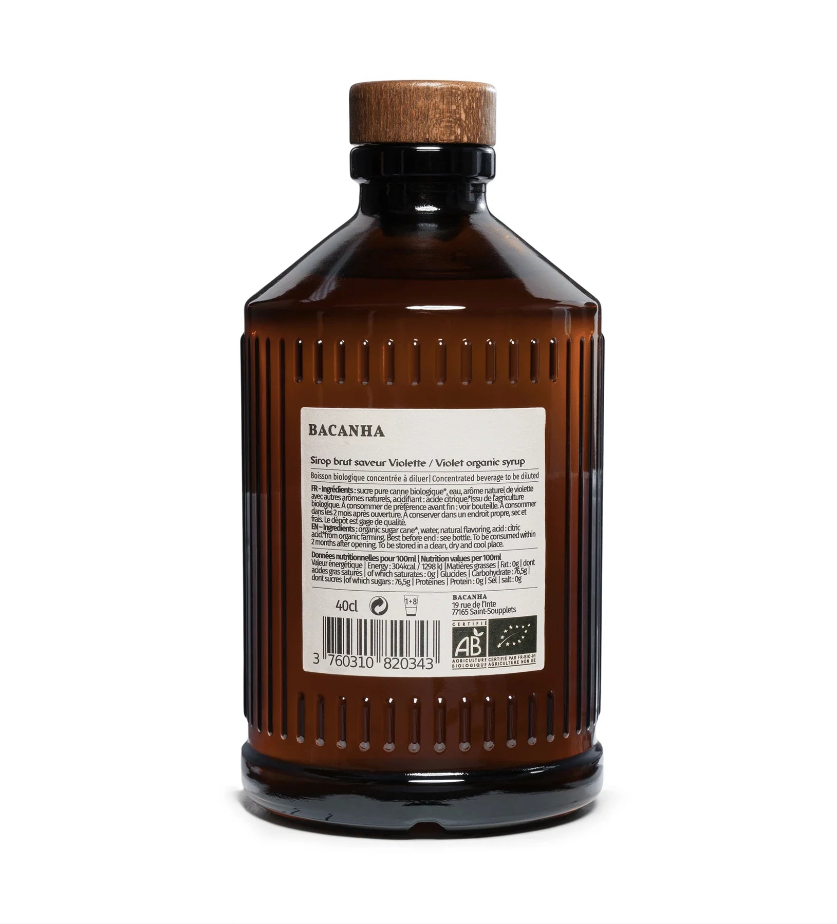 Bio-Sirup „Violet“ von Bacanha, 400ml Glasflasche. Süß und floral, ideal für Cocktails, Limonaden und Eistees. Nachhaltig und vielseitig einsetzbar.