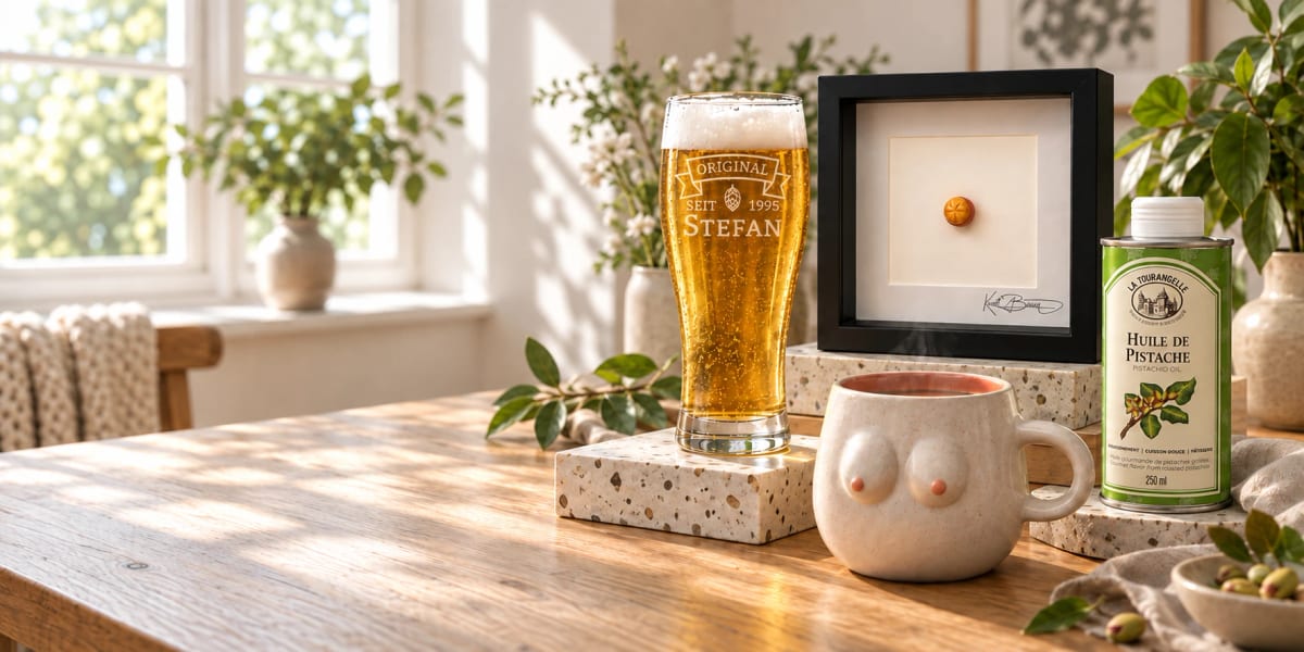 Holztisch am Fenster mit vier Geschenken: ein Bierglas mit der Gravur „Original seit 1995 – Stefan“, eine gerahmte Miniatur, eine Keramiktasse in Busenform und eine Dose Pistazienöl